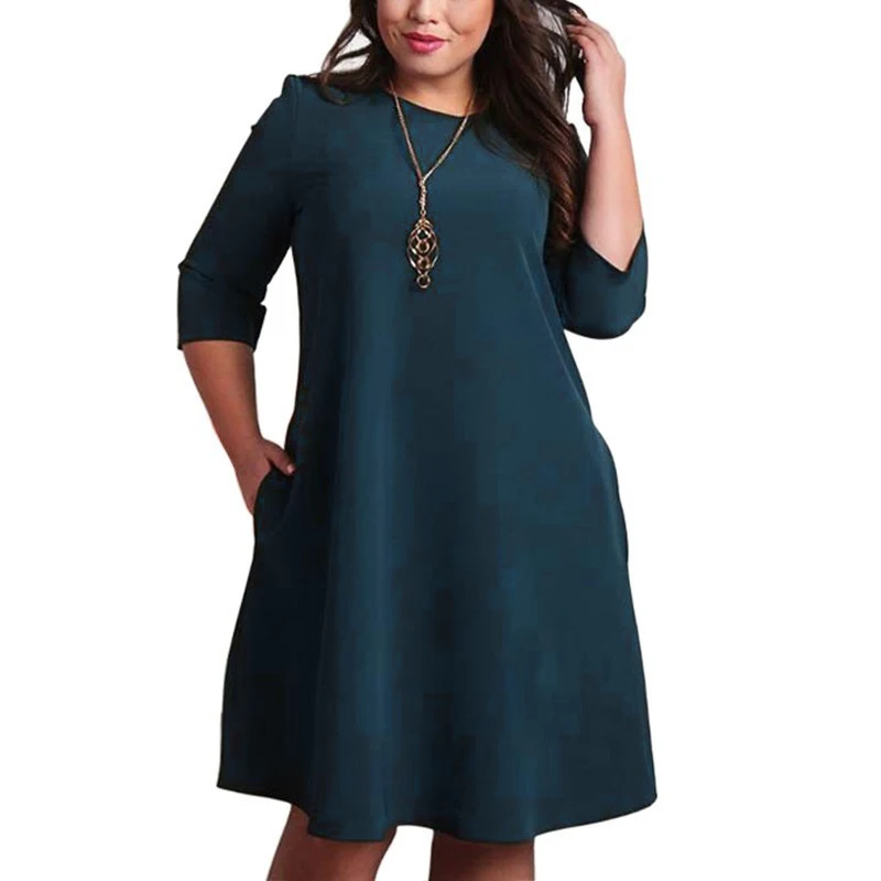 

Fashion Plus Size Women dress Half Sleeve Pocket Midi Solid Color Summer Dress