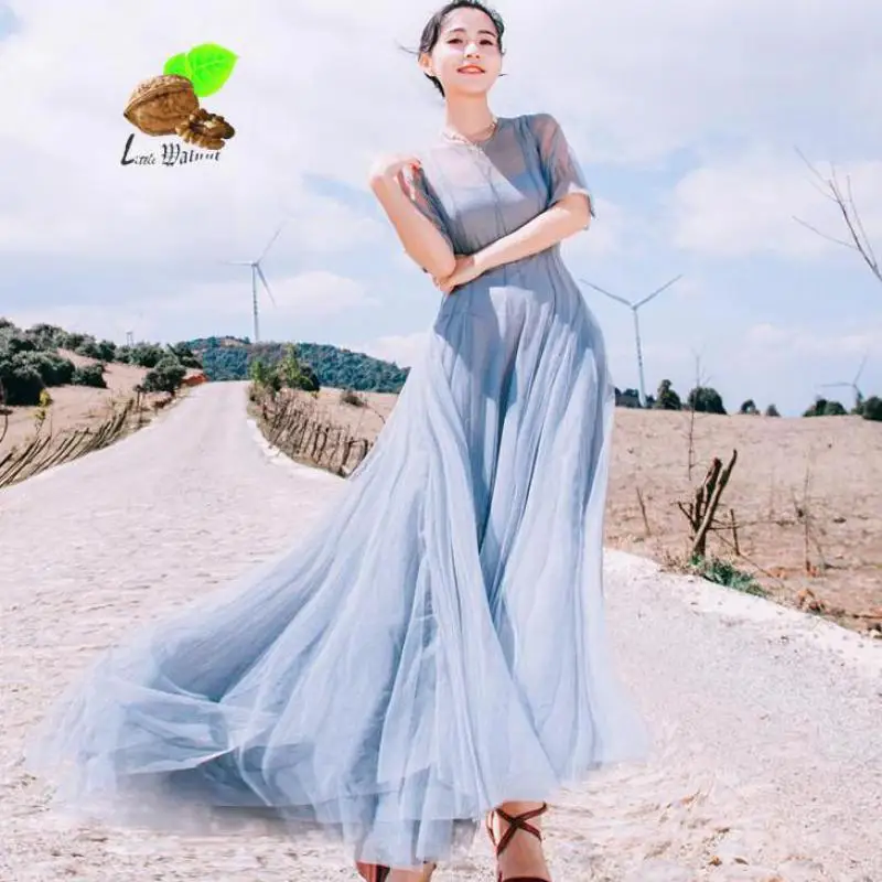 New Women Summer Vintage Retro Bohemian Gauze Ruffles Long Beach Dresses Female Fashion Slim Fairy Boho Gray Dress Clothes | Женская