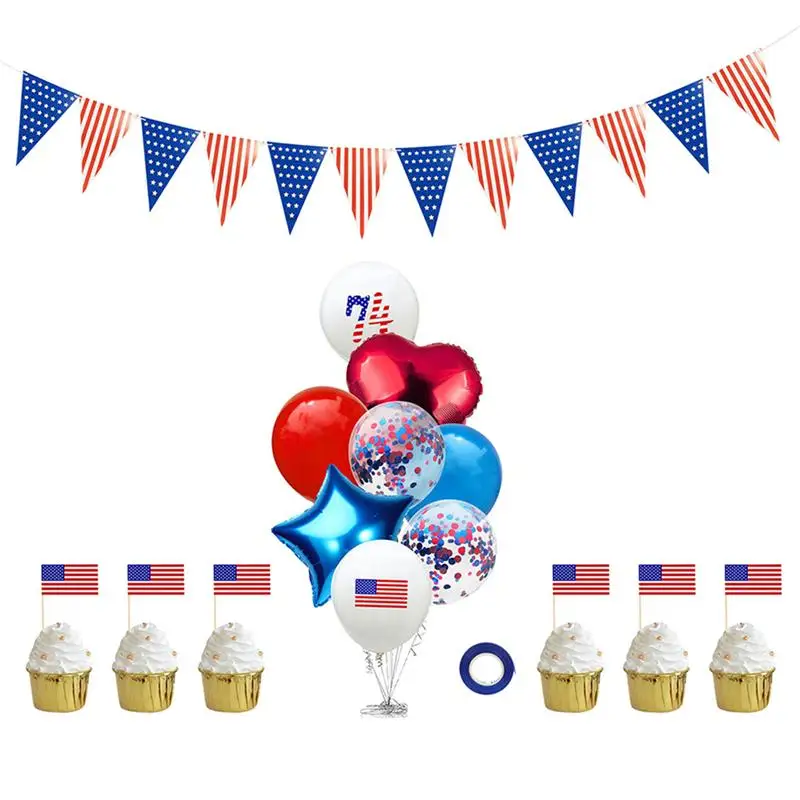 

16Pcs/Pack American Independence Day Party Balloons Inflatable Balloons Banner Cake Toppers Set Party Decoration Supplies