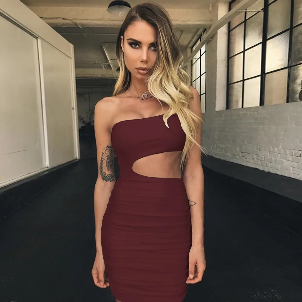 Sexy Dress Women One Shoulder Off Slim Dress 2019 Summer New Draped Mini Dress Waist Hallow Out Women Solid Package Hip Dress