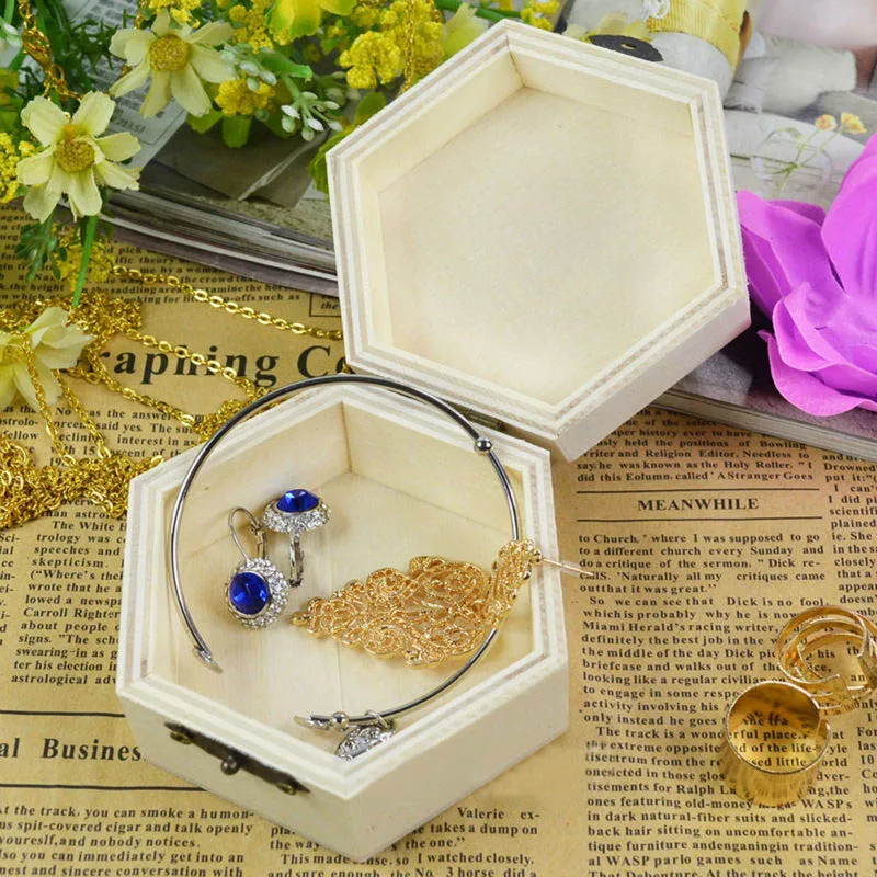 

Hexagon/Rectangle Shaped Jewelry Case Vintage 1Pcs Postcard Organizer Wooden Box Handmade Craft Home Storage Boxes Multifunction