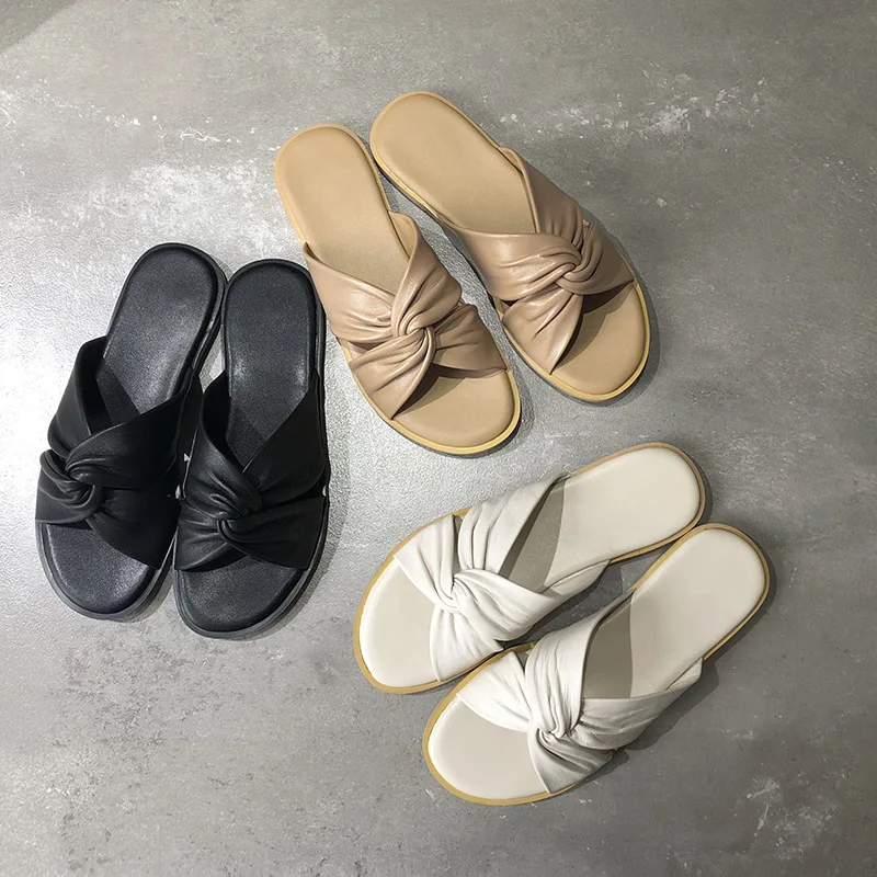 

2019 Fashion Concise Woman Shoes Solid Color Flat with Shoes in Spring Summer Ladies Shoes PU Leather Slides For Outdoor
