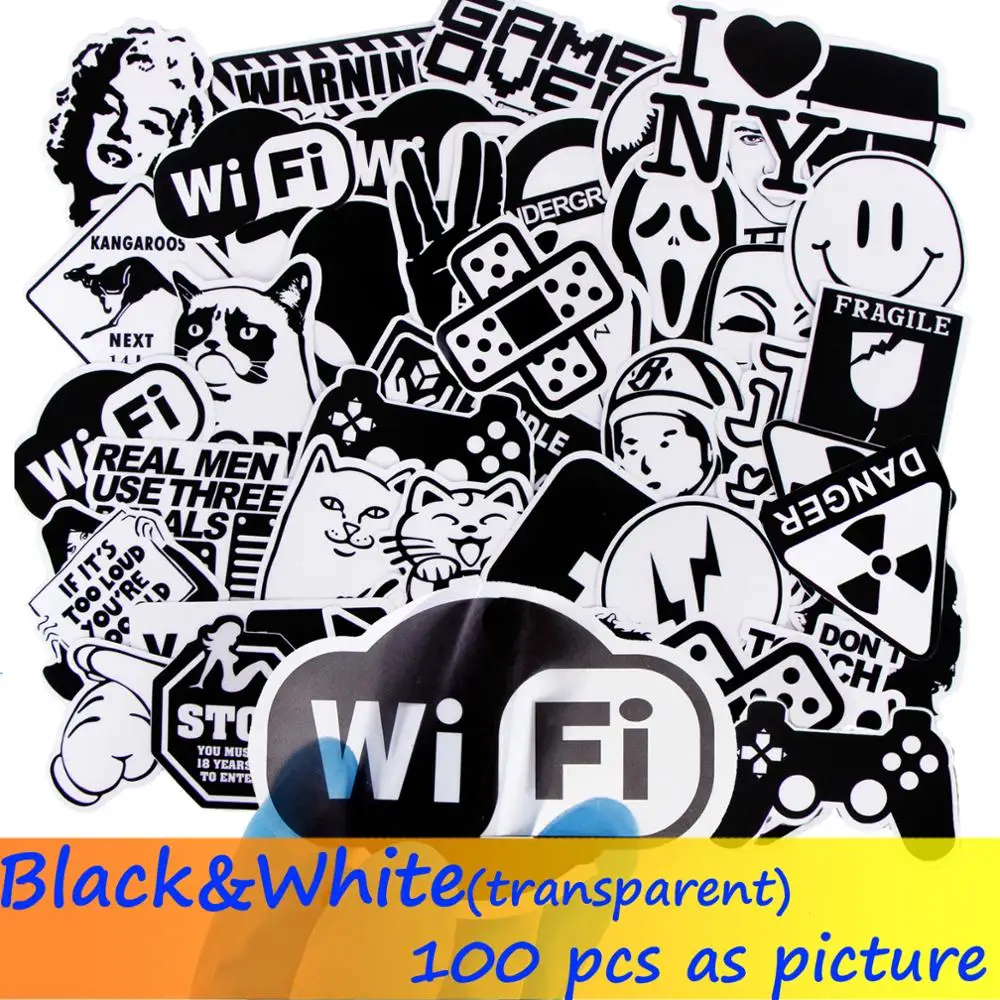 

100 Pcs Black & White Transparent JDM Graffiti DIY Stickers for Skateboard Laptop Car Luggage Guitar Bicycle Decal Cool Sticker