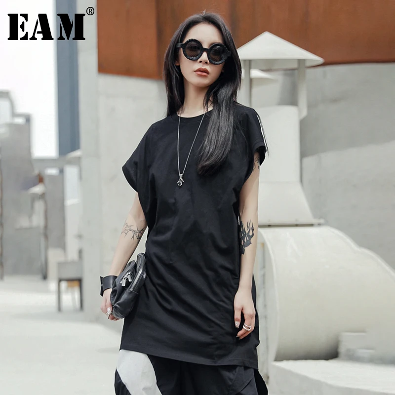 

[EAM] 2019 New Spring Summer Round Neck Sleeveless back back knot split joint brief loose T-shirt Women Fashion Tide JU435