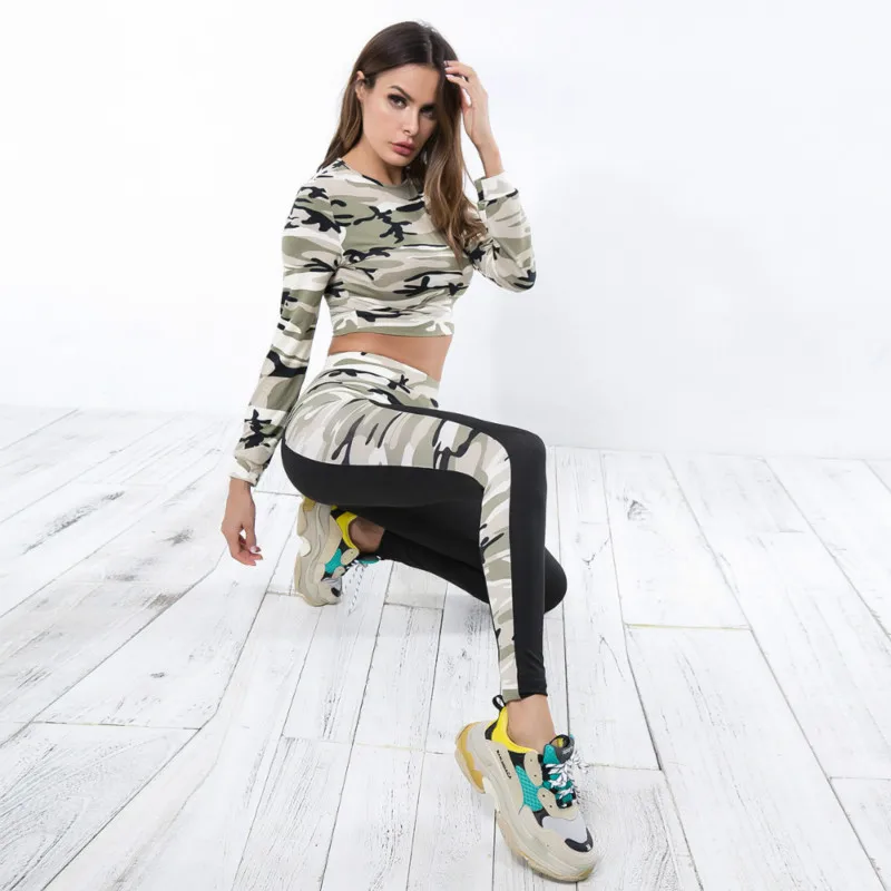 Women Sportswear Camouflage Crop top Sports Suit Elastic Running Set Tight Slim Fitness Suit Gym Jogging Yoga Suit Hot Sport Set