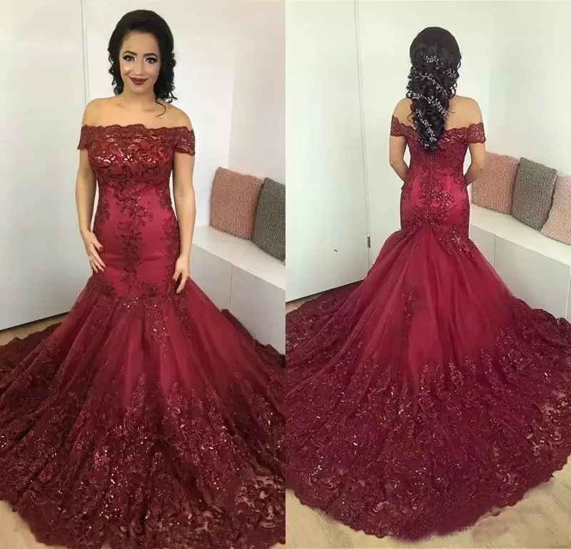 Long Off-the-shoulder Cap Sleeve Tulle Lace Beading Sequins Wine Red Sexy Wedding Dresses 2019 New Fashion Gowns Custom Made