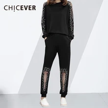 CHICEVER/комплект из двух предметов с жемчугом; Женский костюм; пуловер с длинными рукавами; женские брюки с высокой эластичной талией; повседневные брюки размера плюс; Новинка