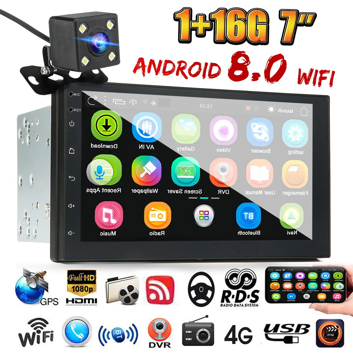 

7 Inch Android 8.0 Double Din Stereo Radio GPS Sat Nav Bluetooth FM USB WIFI Car MP5 Player Multi-lanuage Support Built-in WIFI