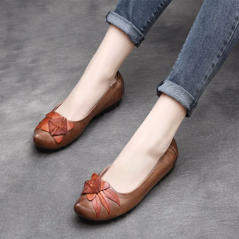 Paresseux Chaussures Femme Printemps D'été Véritable S Brown Ballet De Cuir En Femmes Mocassins Slipona Fleur Espadrilles Dames xP0Tqqw