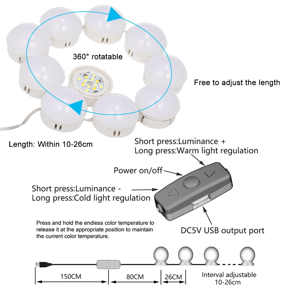 Макияж зеркальные лампы 10 светодиодный подсветка косметического зеркала комплект с лампочки с регулировкой силы света освещение трубчатое приспособление для гардеробной USB порт