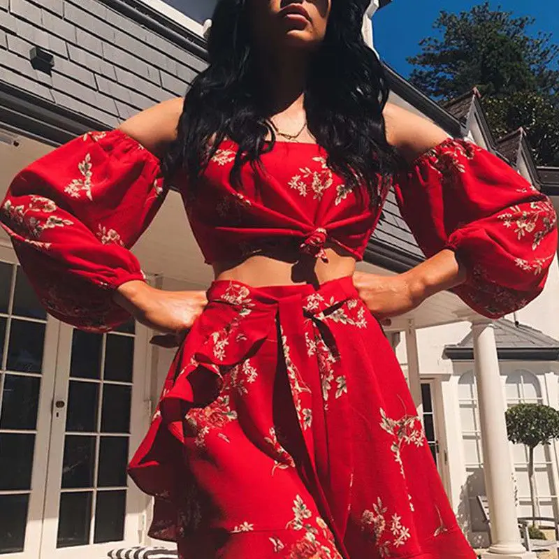 Fashion Cute Party Women Off Shoulder Floral Print Lantern Sleeve Slash Neck Tops Ruffles Dress Outfit Summer 