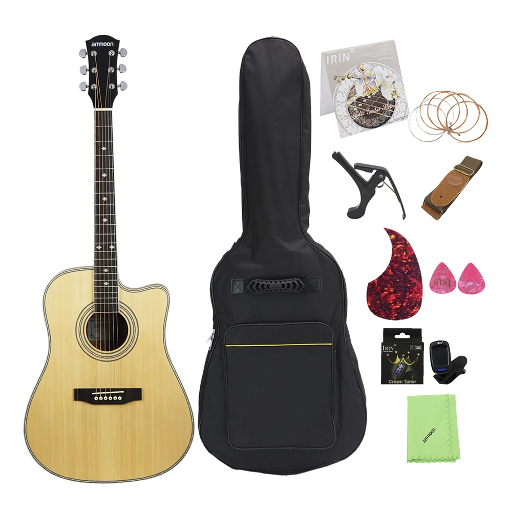 

ammoon 41" Cutaway Acoustic Guitar Spruce Topboard Rosewood Fingerboard with Gig Bag Capo Tuner Strings Guitar Strap Pickguard