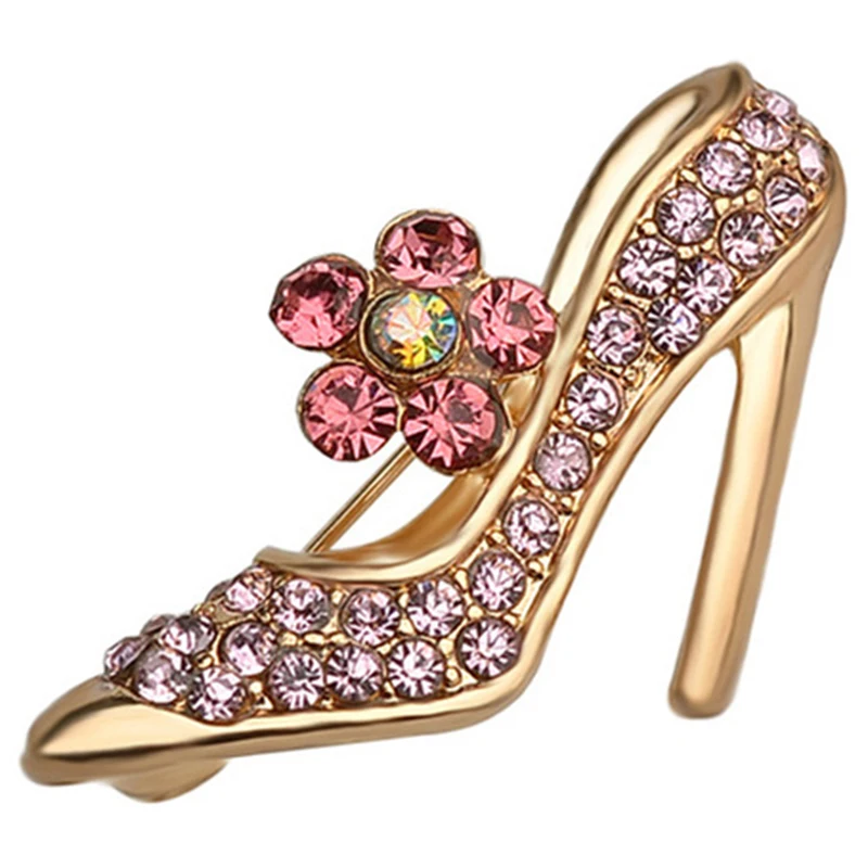 

High-Heeled Shoe Brooches Women Flower Embellishment Lapel Pin Gold Rhinestones Brooch Crystal Brooch