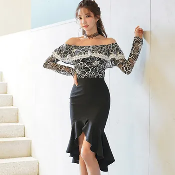 

High Quality Women 2019 Spring New 2 Pieces Suits Slash Neck Ruffles Lace Crop Top + Bodycon Mermaid Skirts Evening Party Set