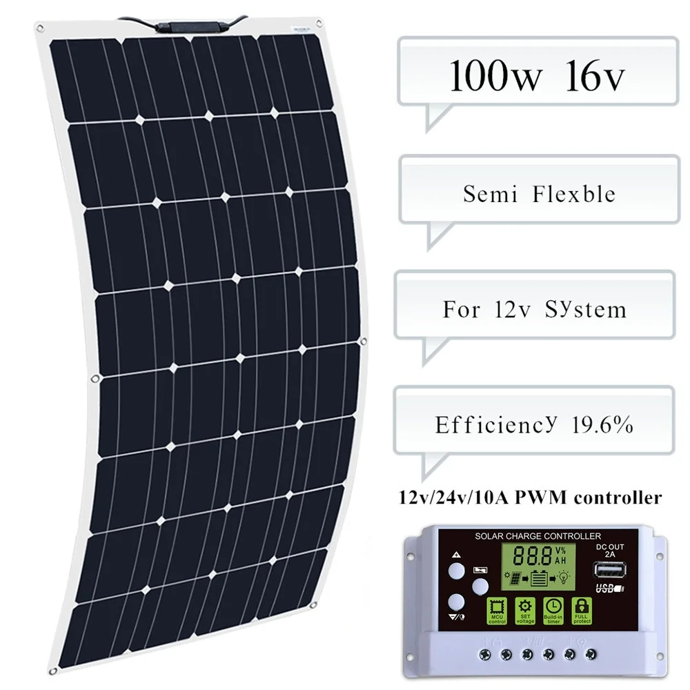 

BOGUANG 100w semi-flexible solar panel + 10A Controller regulator for Caravan Boat Yacht Car Home Roof 12v Battery painel solar