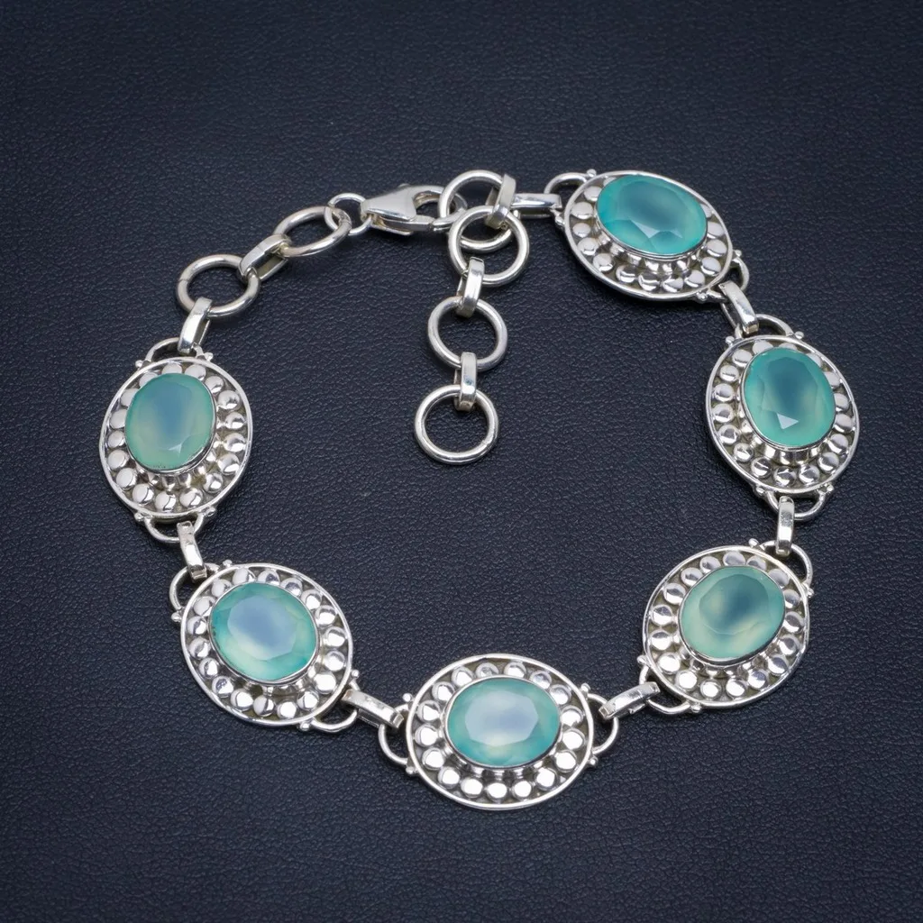 

Natural Chalcedony Handmade Unique 925 Sterling Silver Bracelet 7-8.25" A2917