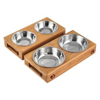 

Pet Feeding Bowl Bamboo Stand Double Dog Cat Non-slip Food Bowls