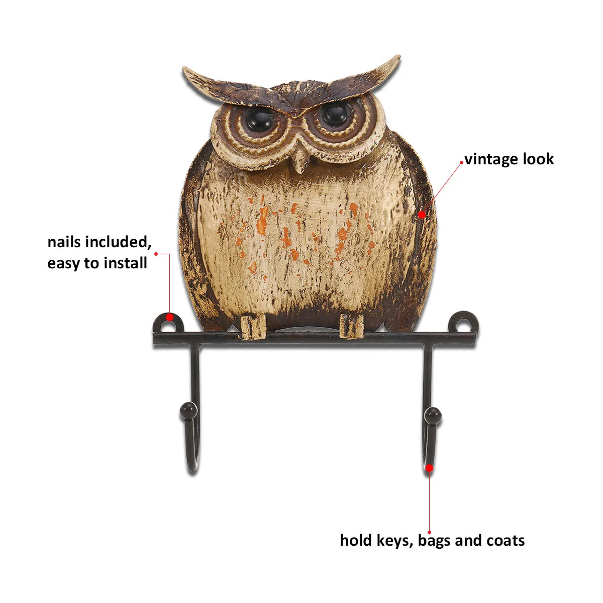 Rustic Owl Key Holder Hook Wall Rack