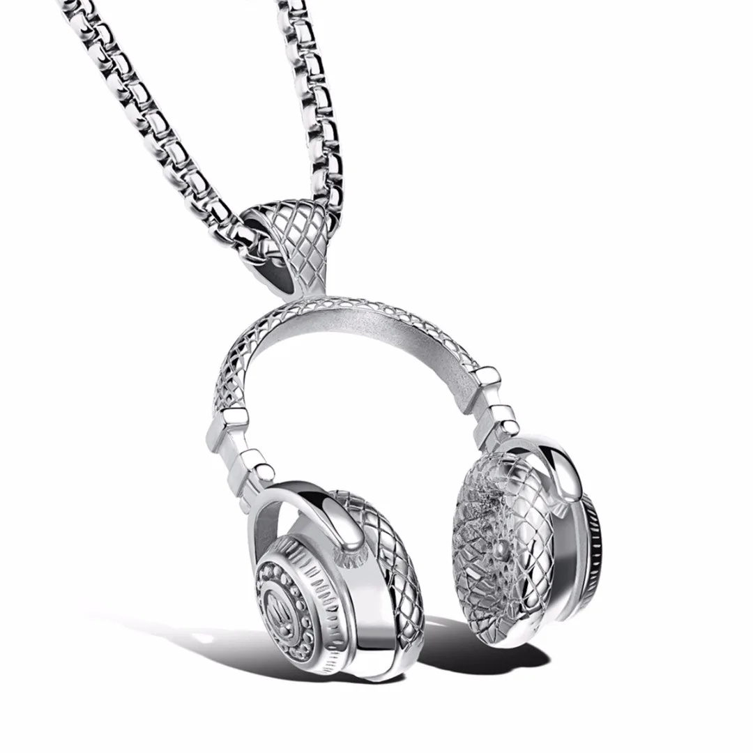 

Hip Hop Rock Stainless Steel Necklace with Music Headphone Headset Pendant Gothic Silver Gold Long Cuban Chain For Rapper DJ