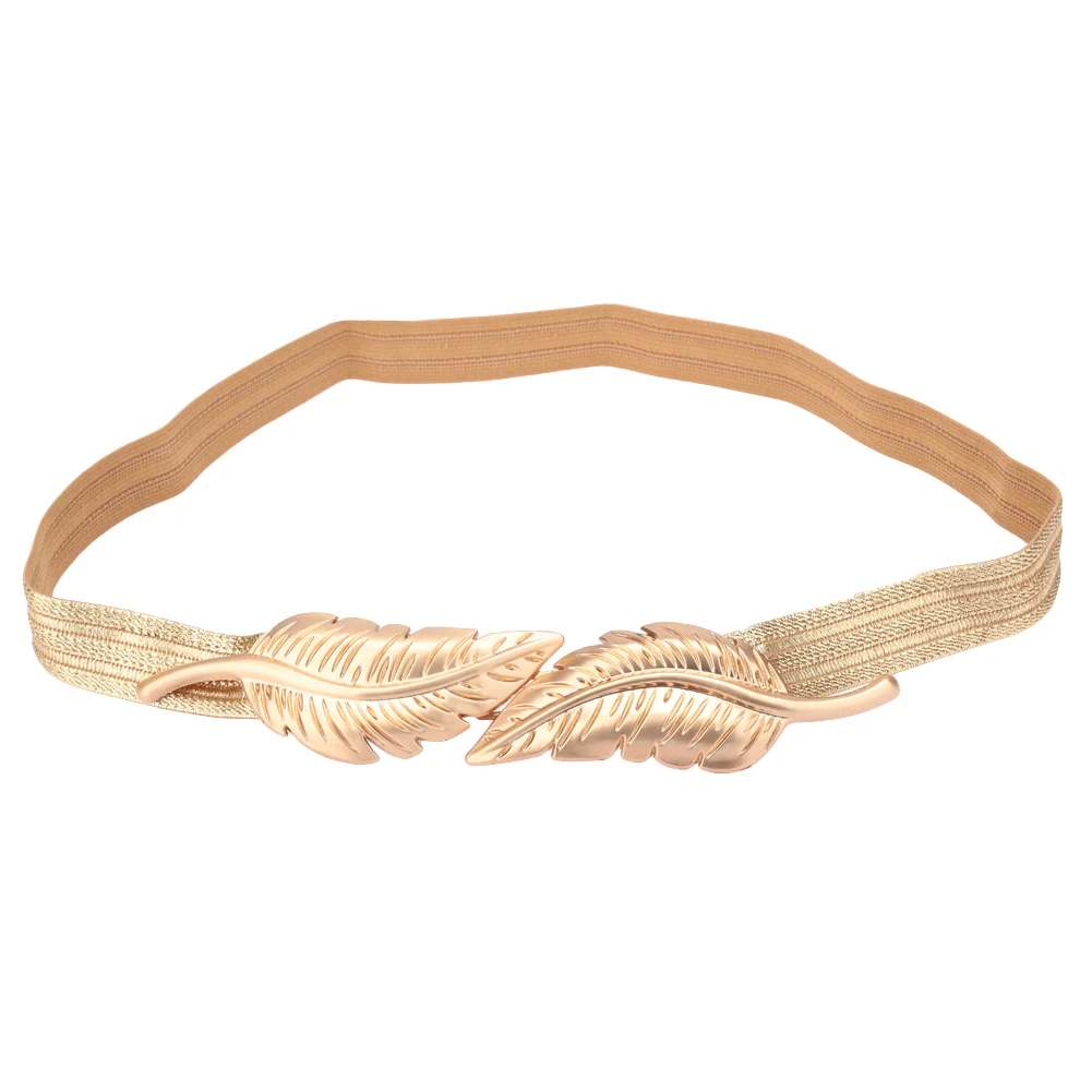 

Vintage Gold Belt for Women Leaves Clasp Stretch Skinny Elastic Belt Metal Waist Strap Ceinture Femme Woman Dress Waist Belts