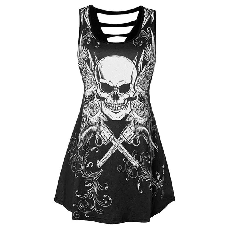 

Summer Big Size Goth Hip Hop Hipster Women Tank Tops Casual Sexy Club Punk Streetwear Slim Skull Backless Print Female Vests