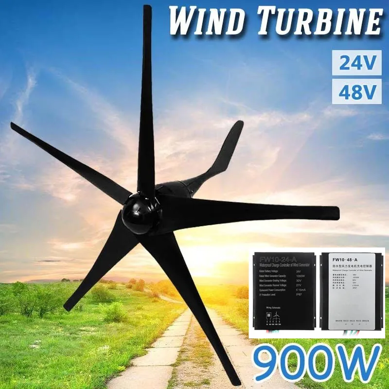 

900W 24 V 48 Volt 5 Nylon Fiber Blades Horizontal Wind Turbines Generator Power Windmill Energy Charger Kit Home Black