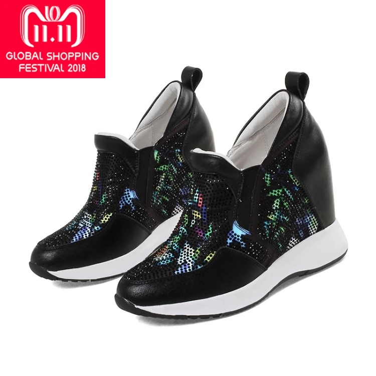 

{Zorssar} 2018 New Fashion Crystal Genuine Leather casual womens shoes pumps increased internal platform shoes women High heels