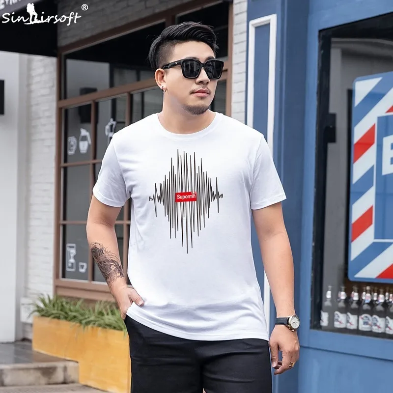

2019 Summer Fashion Wild Men 100% Cotton Loose Large Size T Shirt Casual Sound Wave Print Short Sleeve High Quality Black Tees