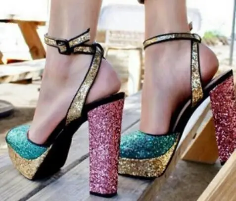 

Real Photo Mixed Color Womens Square Heel Sandals Glittering Platform Gladiator Sandal Women Cut-out Peep Toe Ankle Strap Summer