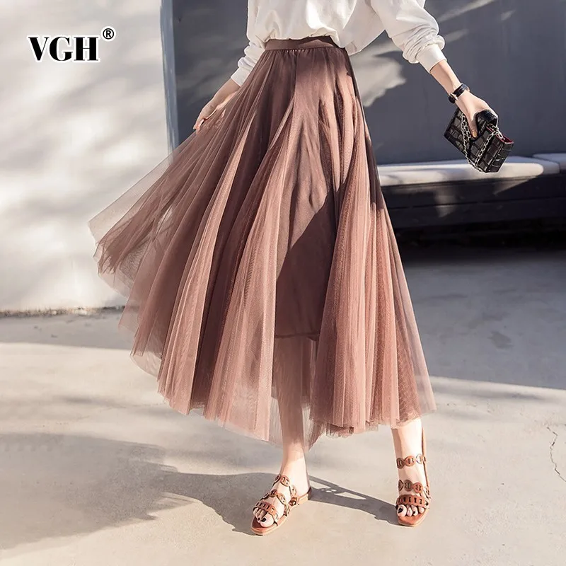 VGH Summer Solid Casual Skirt For Women Mesh Perspective High Waist Midi Pleated Skirts Female Fashion New Tide 2019 VGH Summer Solid Casual Skirt For Women Mesh Perspective High Waist Midi Pleated Skirts Female Fashion New Tide 2019