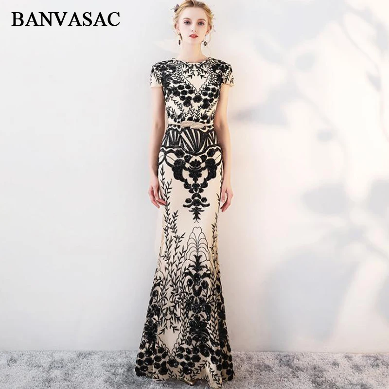 BANVASAC 2020 винтажное длинное вечернее платье с юбкой годе блестками и аппликацией