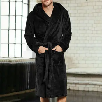 

Men's Long Home Sleepwear Robes Shawl Collar Fleece Bathrobe Spa Gown Kimono Pajamas Black Blue Gray