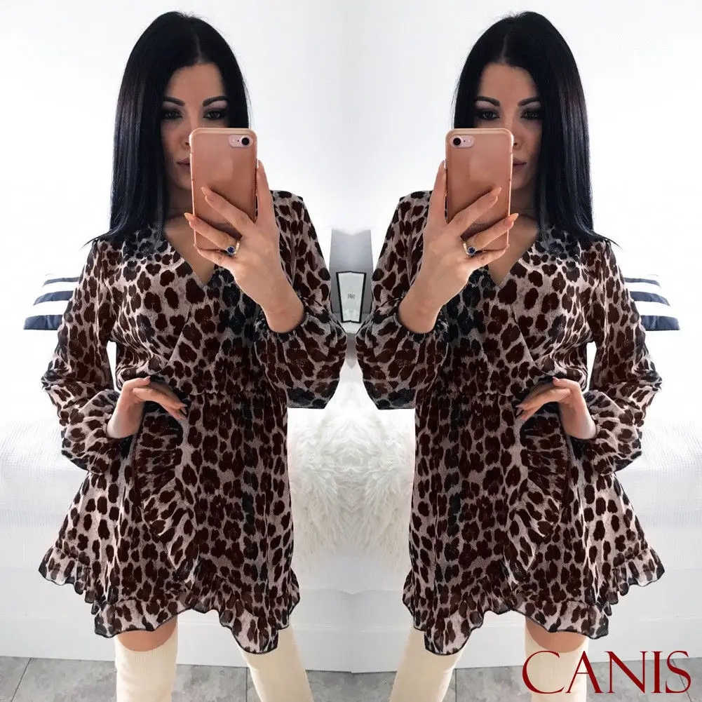 Sjirts новые модные женские осенние v-образный вырез с длинным рукавом леопардовые облегающие повседневные юбки для вечеринок
