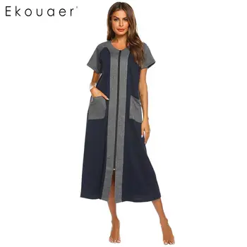 

Ekouaer Women Long Nightgown Sleepwear Casual O-Neck Short Sleeve Contrast Color Straight Loose Nightdress Female Nightwear