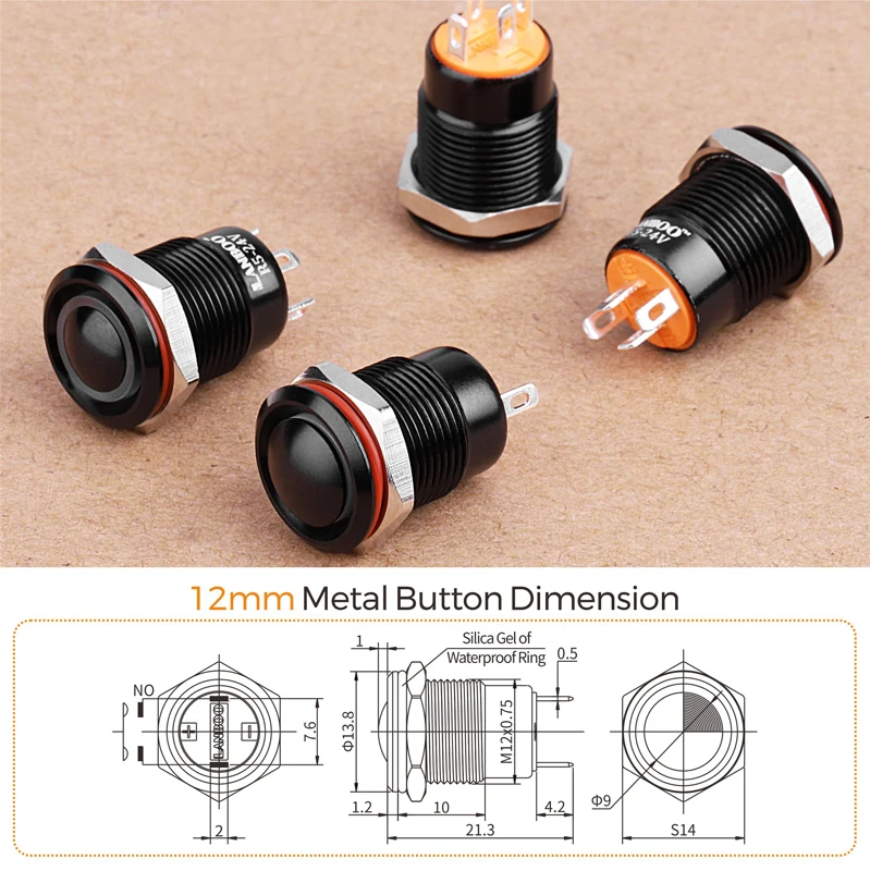 LANBOO черный корпус цвет головы 12 мм водонепроницаемый миниатюрный кнопочный переключатель с лампой 12V24V220V