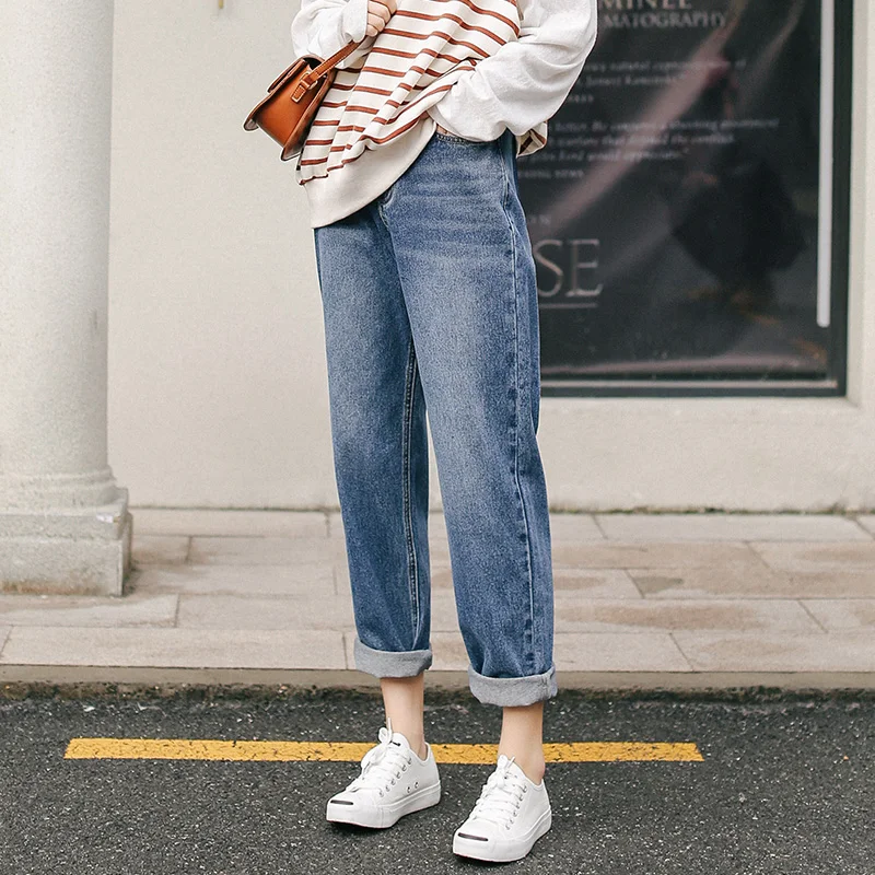 Blue Denim Jeans Woman Straight Leg Mid Waist Mom Jeans Streetwear Korean Fashion Loose Pants 6175#