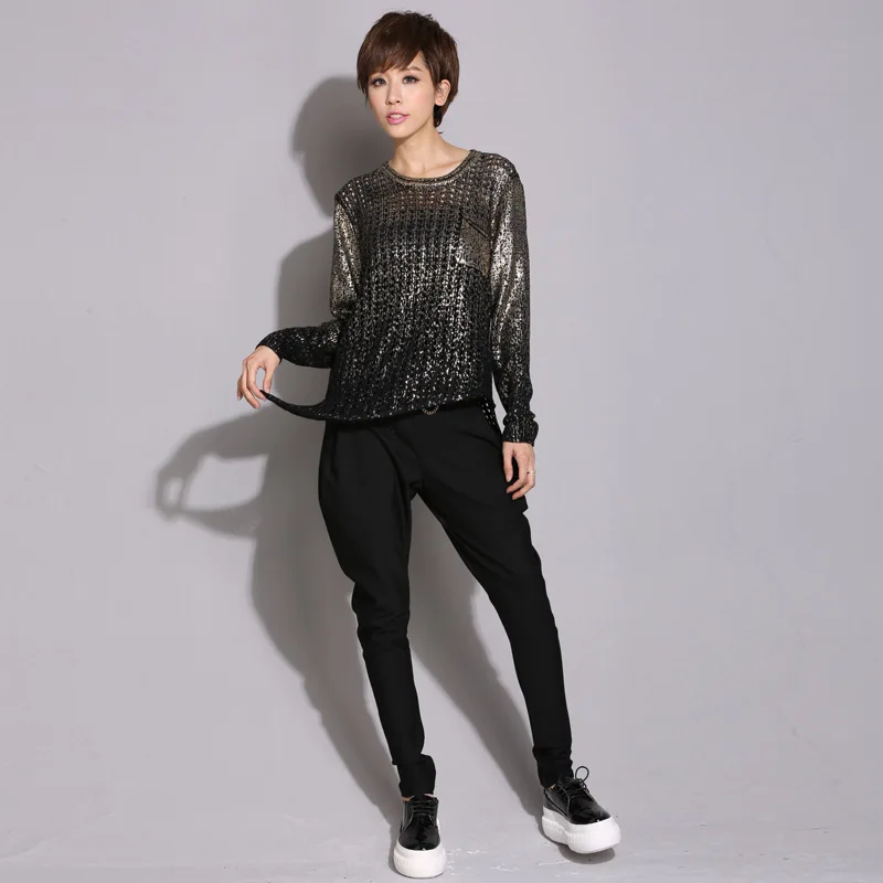 #1336 Spring Hip Hop Sweater Irregular Gold/Silver Knitted Sweaters Ladies Hollow Out Loose Pulover Womens Sweaters Asymmetrical
