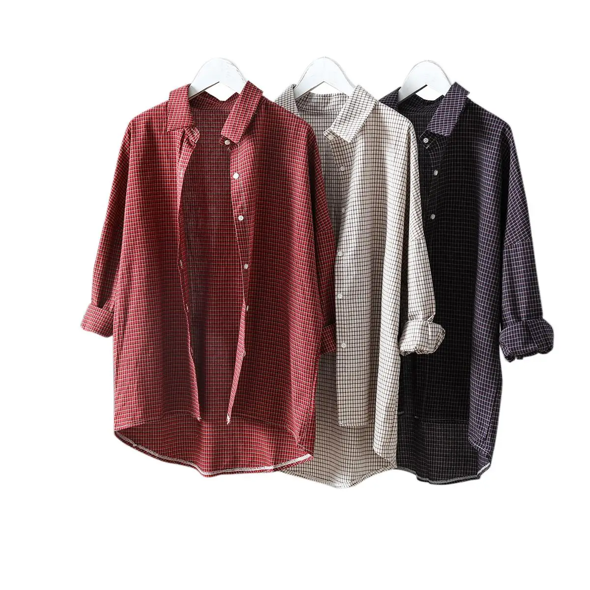  Korean Fashion Plaid Casual Blouse Women Low High Design Spring Atumn Ladies Tops Long Sleeve Blous