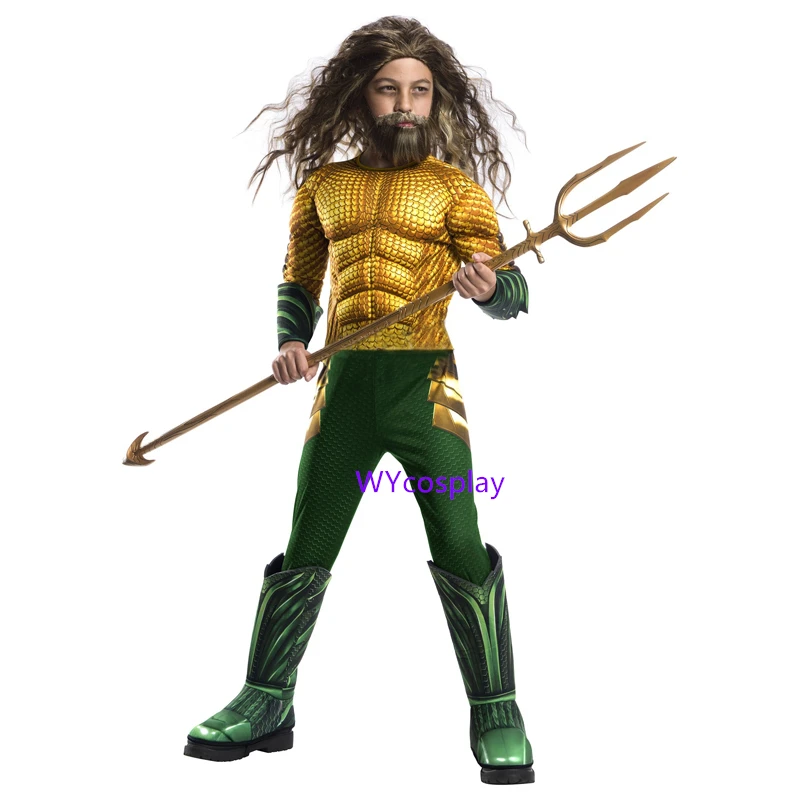 Comprar Nuevo disfraz de Aquaman niños oro Aquaman disfraz de músculo para niños superhéroe trajes para niños traje de Halloween para los niños