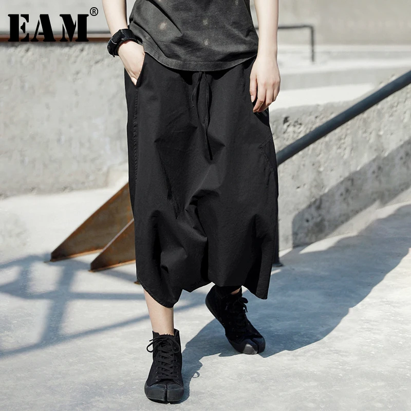 

[EAM] 2019 New Autumn Winter High Elastic Waist Black Big Size Split Joint Loose Cross-pants Women Trousers Fashion Tide JT529