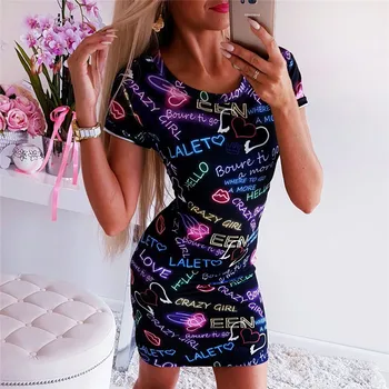 

New Women's Alphabet Graphic Print Slim Fit Hip Dress Round Neck Short Sleeve High Waist Letter Graphic Print Casual Dress