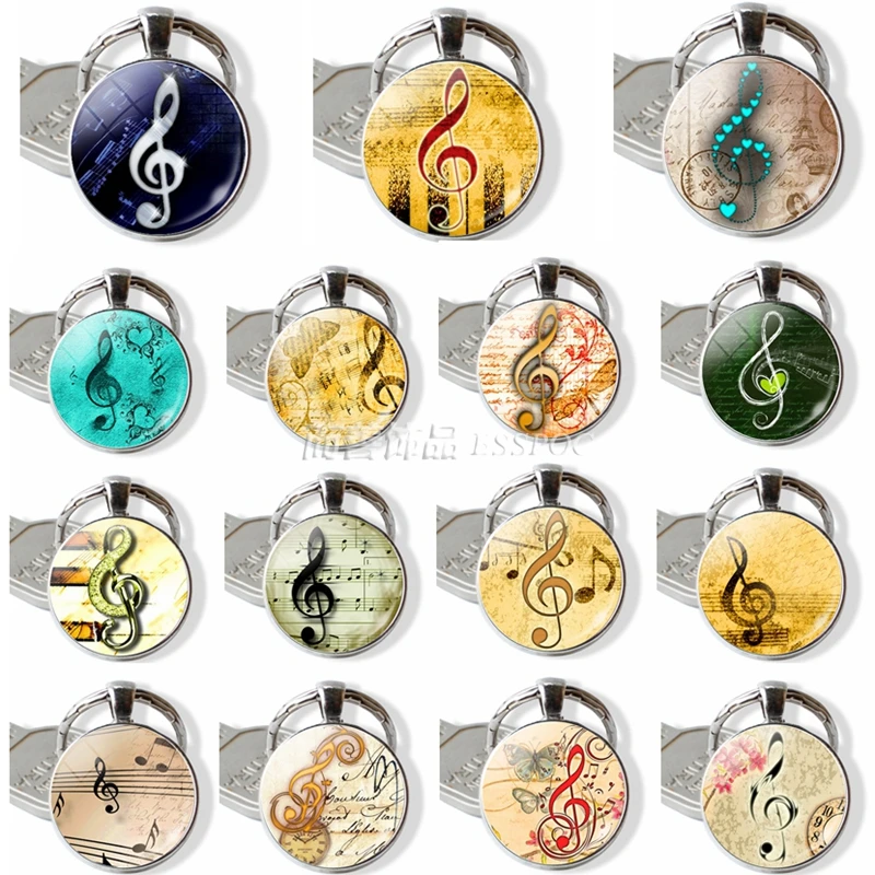 

Music Notes Pendant Silver Keychain Glass Cabochon Jewelry Butterfly Music Notes Musician Key Chain Ring Students Fashion Gift