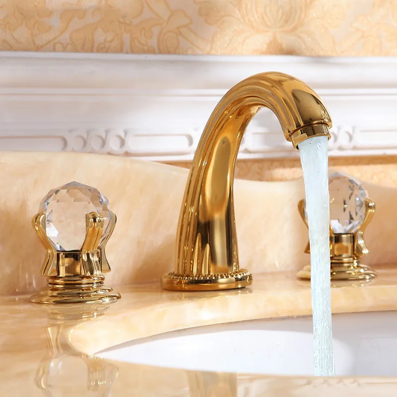 

3 piece Set Wash Basin Mixer luxury high quality brass gold plating crystal handle basin faucet sink faucet free shipping