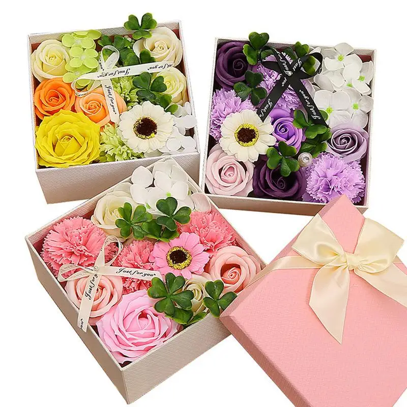 

2019 New Simulation Carnation With Small Square Box Soap Flower Bouquet 7 Color Simulation Bouquet Mother's Day Best Gift
