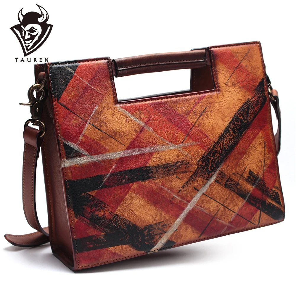 

Handmade Italian Drawing Genuine Leather Messenger Bag Geometric Shoulder Travel Bags For Women Handbags