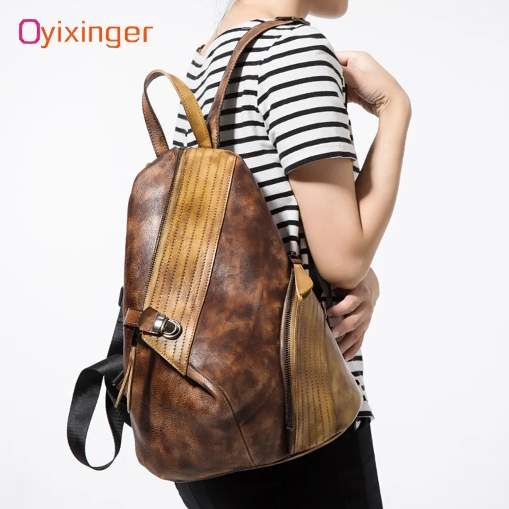 

OYIXINGER Genuine Leather Women's Both Shoulders Bags Color Cowhide Hand-wiping Stitching Personality Women Backpack Men Bagpack