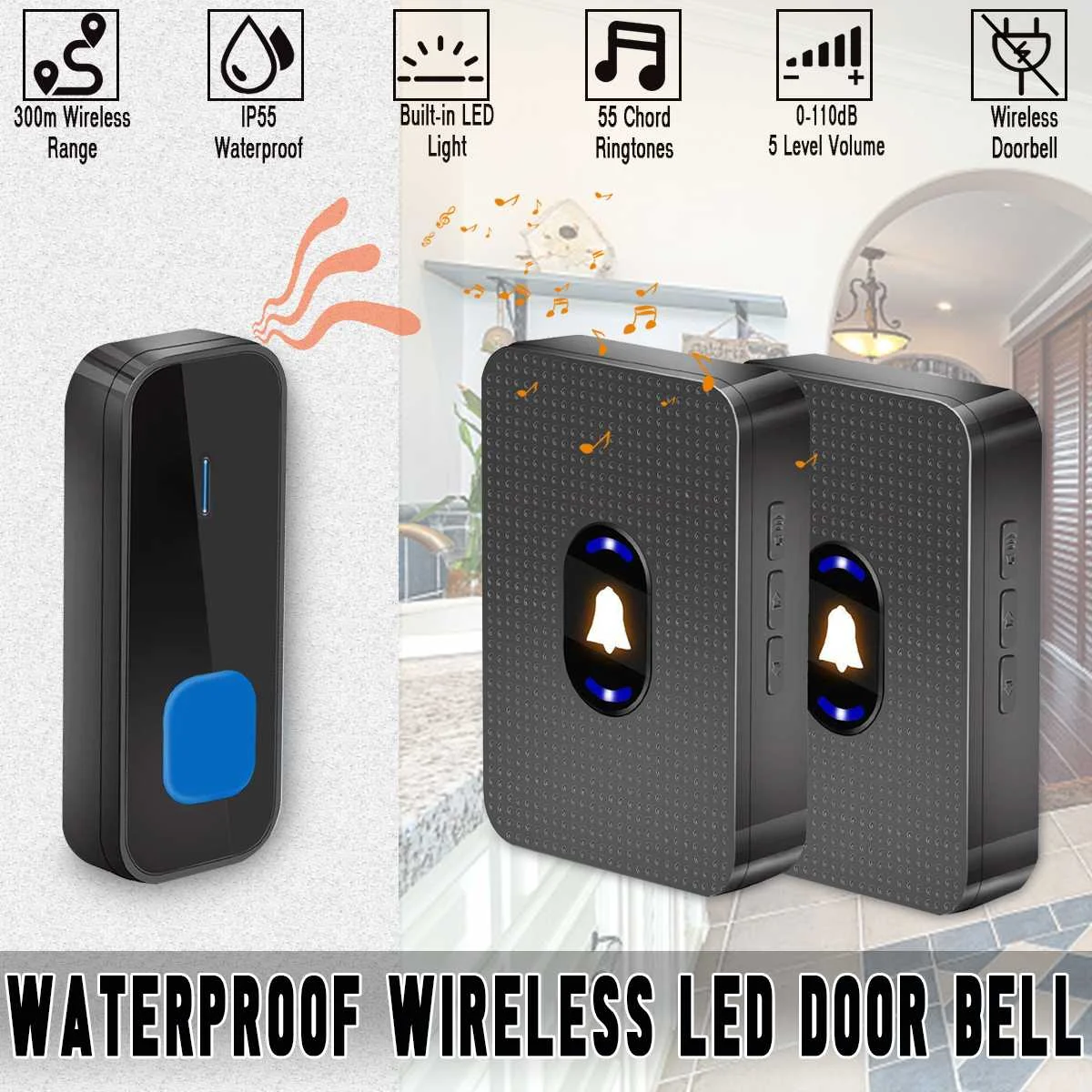 Беспроводной дверной звонок со светодиодной подсветкой IP55 300/110 м 55
