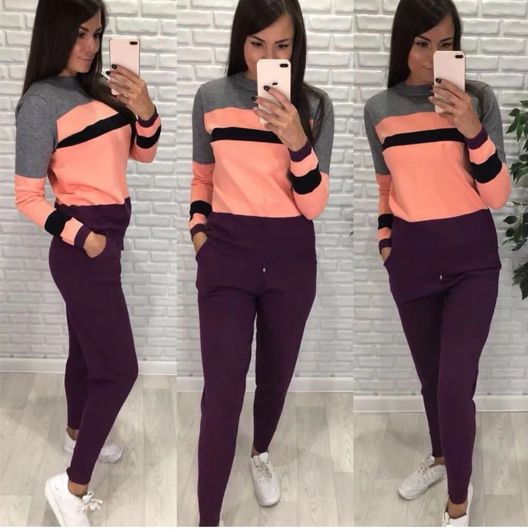

2019 Spring 2 Piece Set Knitted Tracksuit Stripe Sweatshirts Casual Suit Pockets Women Clothing Knit Pant Suit Female