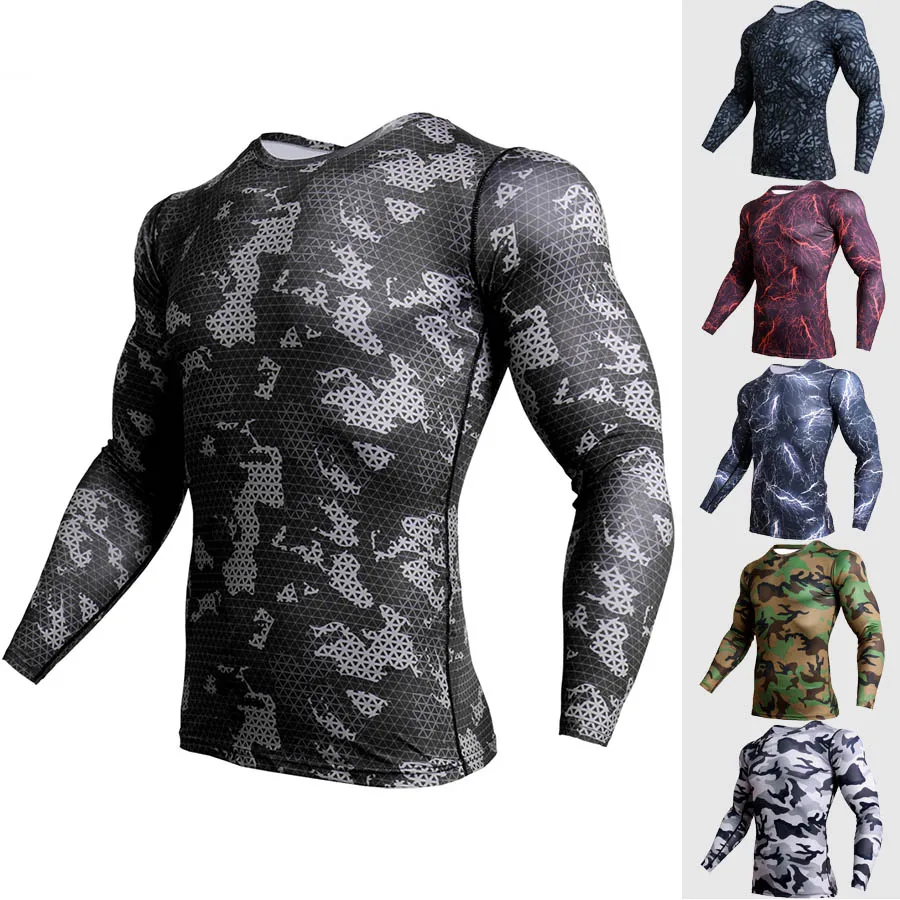 Mens Camo Gym Fitness T-shirt Compression Quick Dry Long Sleeve Dress Tee Tops