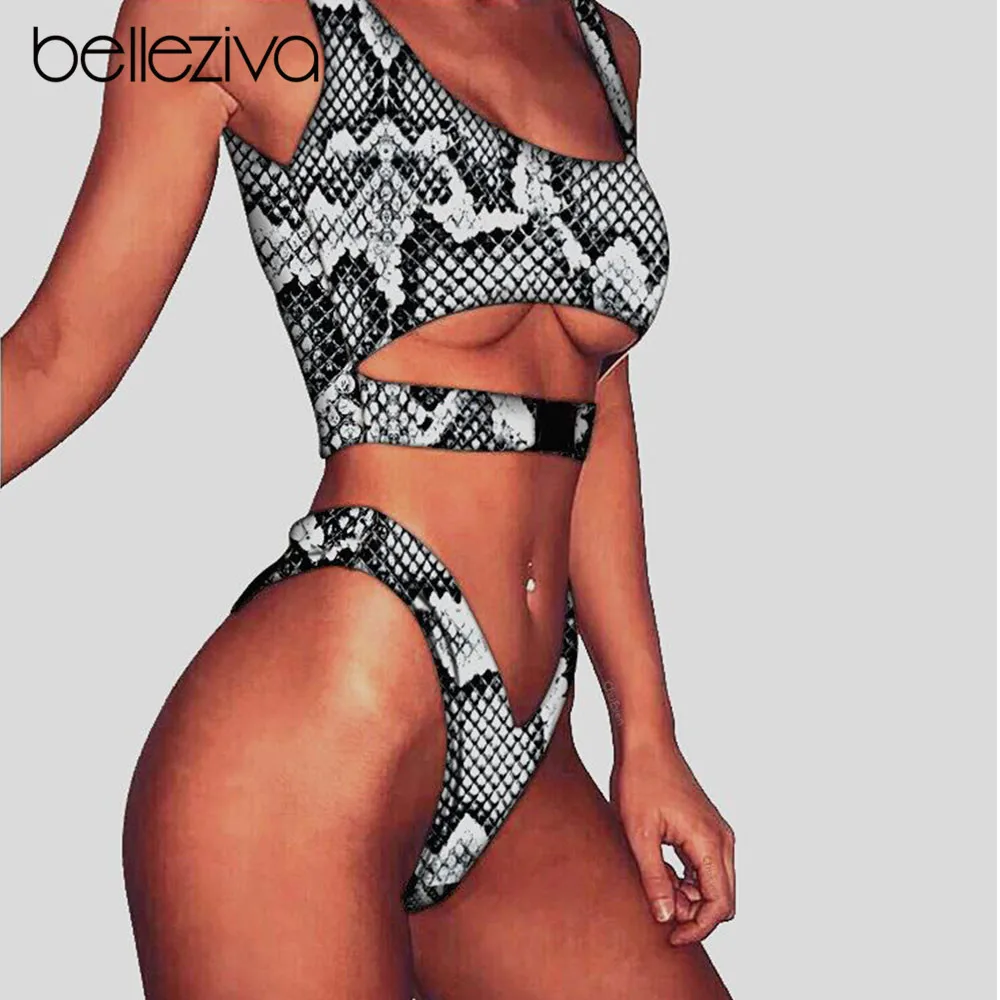

Belleziva Sexy Cut Out Push Up Bikini Set Women Swimsuit Snake Pattern Print Swimwear Biquinis Hollow Out Beach Bathing Suit